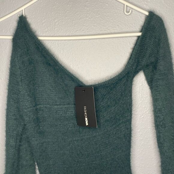 NWT New Fashion Nova Fuzzy Feels Green One Shoulder Dress Size XS - Picture 3 of 11